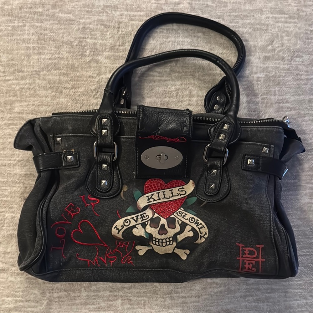 Black Satchel with Skull Embroidery and Leather Trim